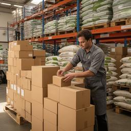 Stefy Delarosette bereidt een order voor tussen stapels landbouwproducten
