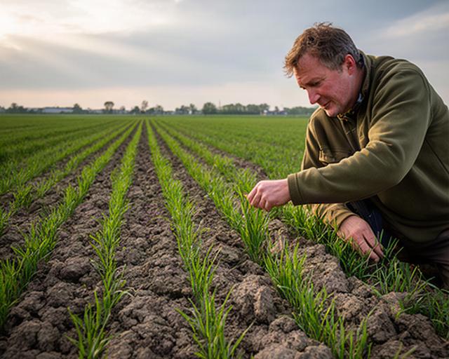 Landbouwer beoordeelt jonge tarwe op een akker met kleigrond in Noord-Holland