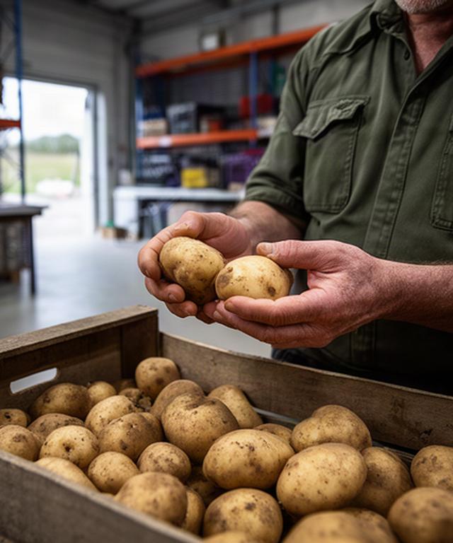 Handen die pootgoed controleren op kwaliteit naast een krat in een landbouwloods