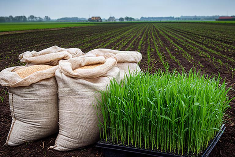 Zakken landbouwzaad naast jonge graanplanten op een Nederlandse akker