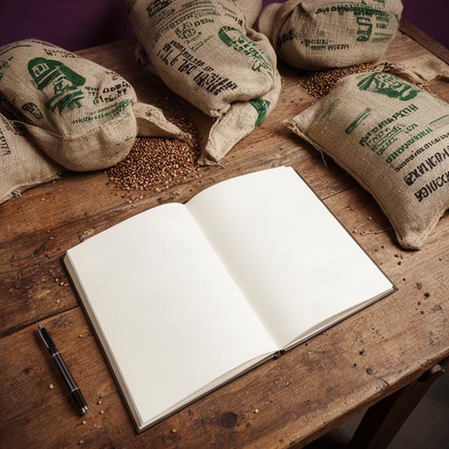Detail van een administratief notitieboek naast zaadzakken op een werktafel