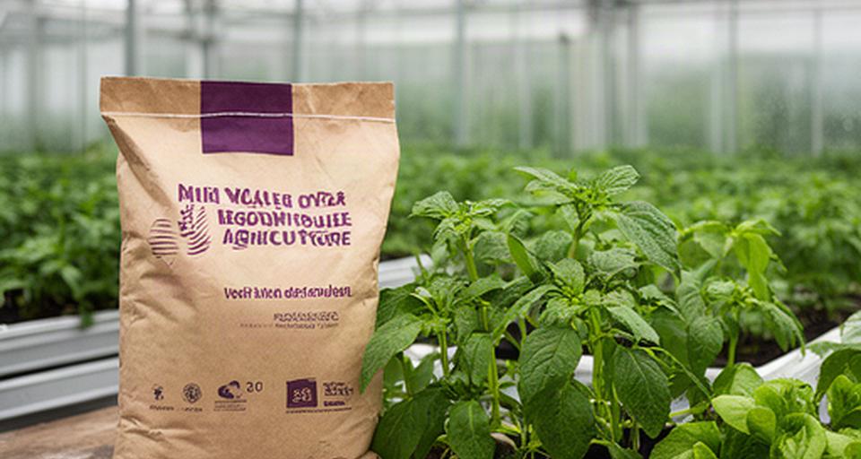 Zak landbouwzaad naast jonge planten op een werktafel in een Nederlandse kas