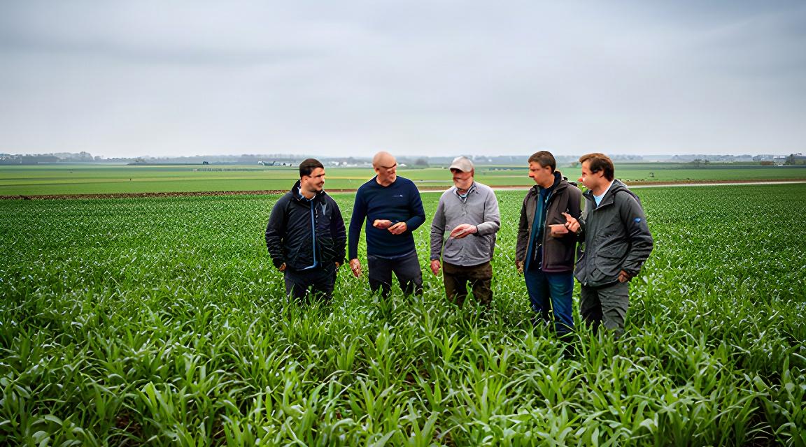 Medewerkers van een landbouwbedrijf bekijken jonge gewassen op een akker in Noord-Holland