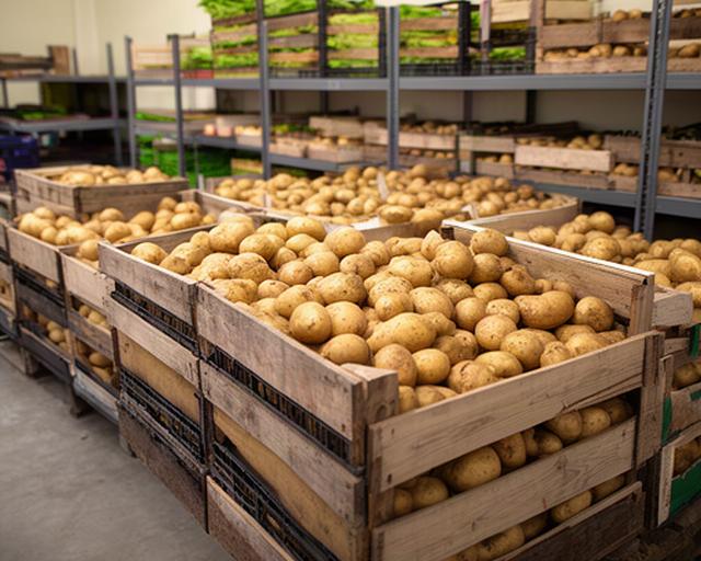 Kisten met pootaardappelen en plantmateriaal in een nette opslagruimte